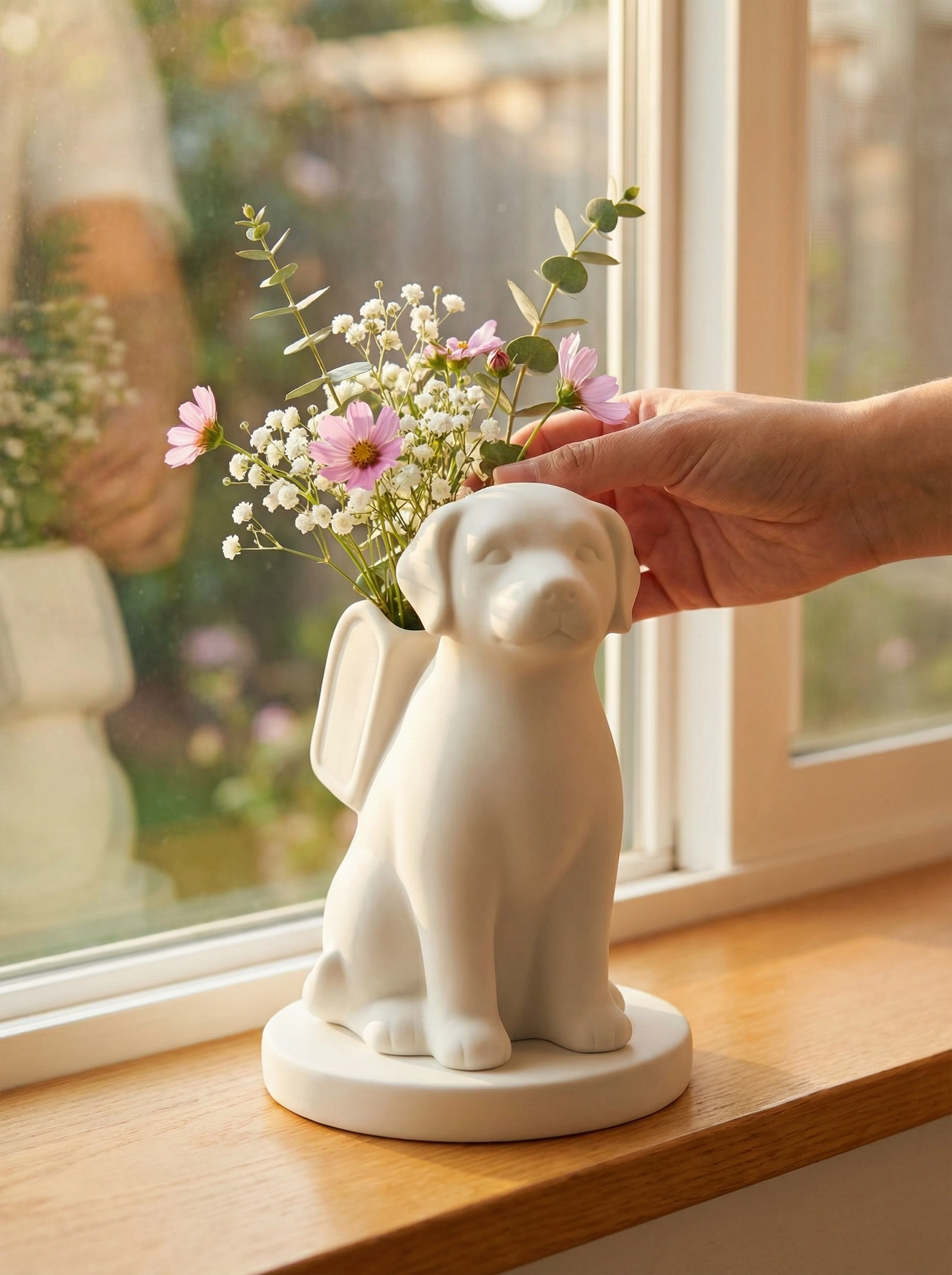 Hands gently holding a white ceramic cat urn with fresh flowers tucked inside