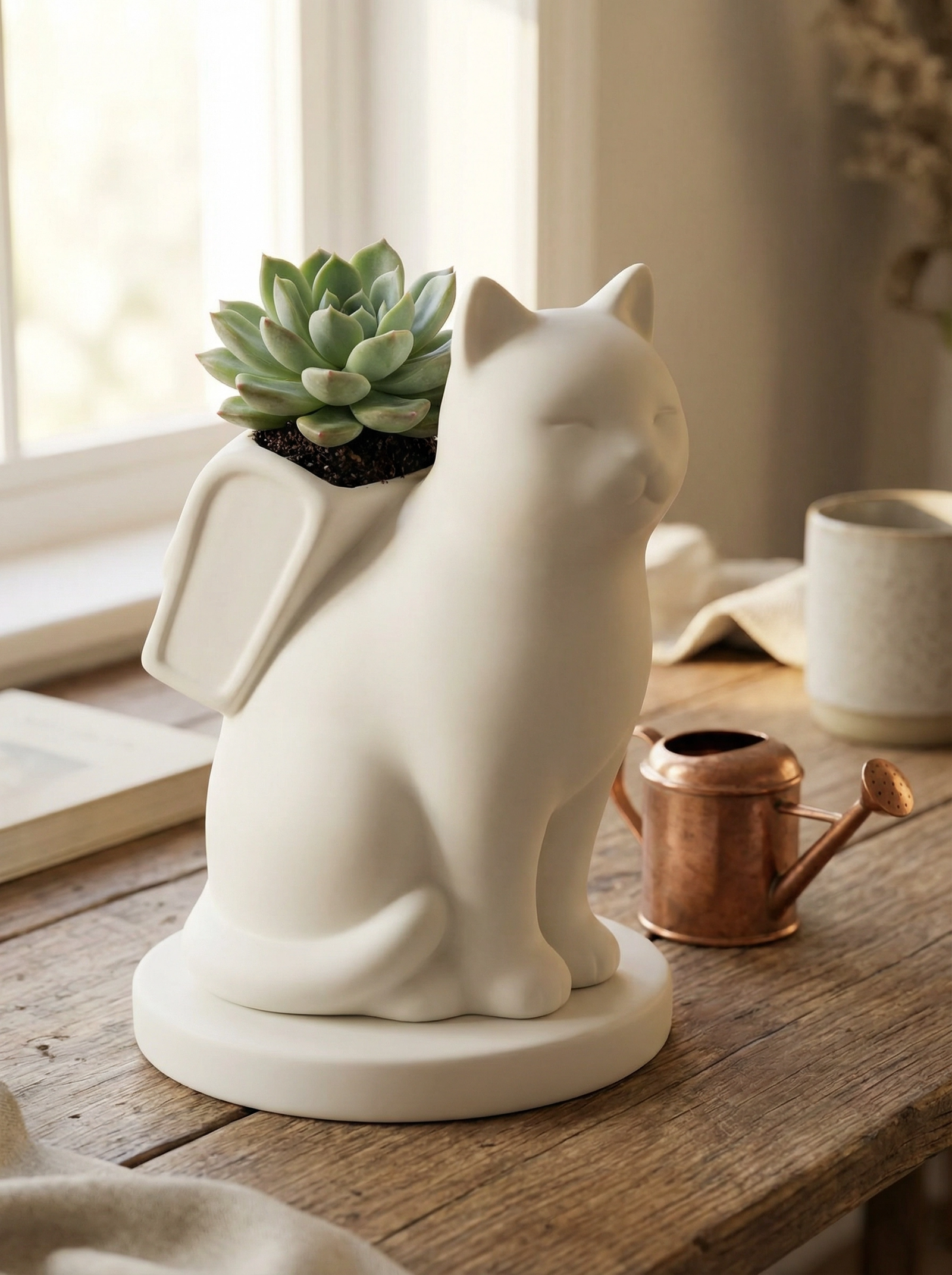 White ceramic dog urn with a thriving succulent growing from its back
