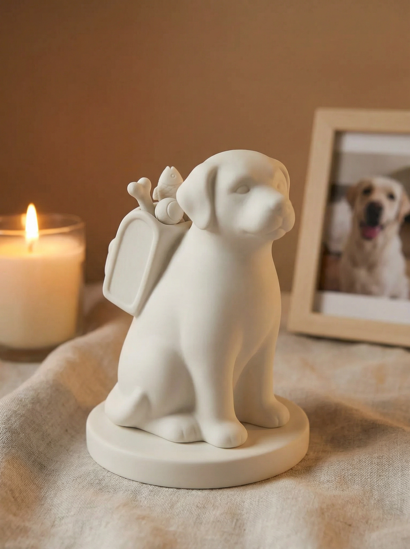 A collection of white ceramic memorial pieces beside a warm candle and personal mementos