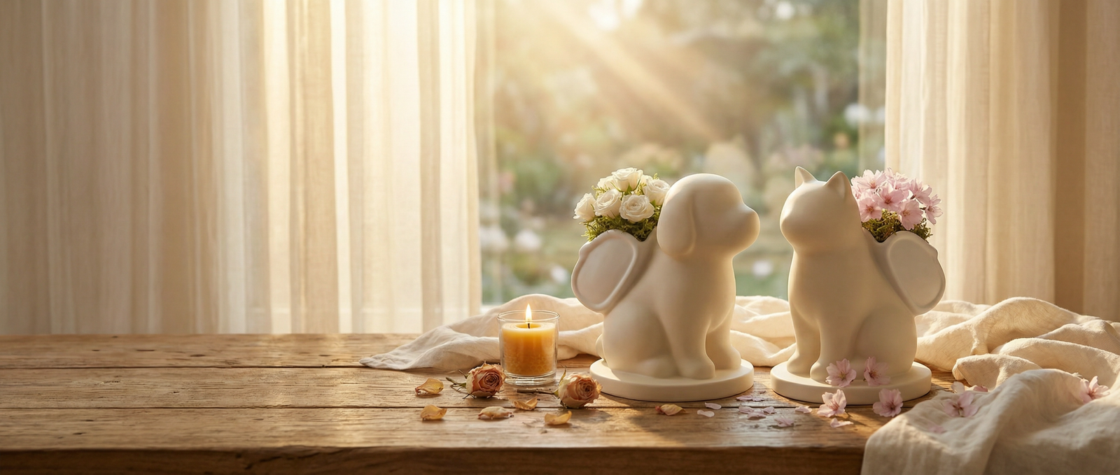 A warm, sunlit pet memorial sculpture resting gently on a soft blanket