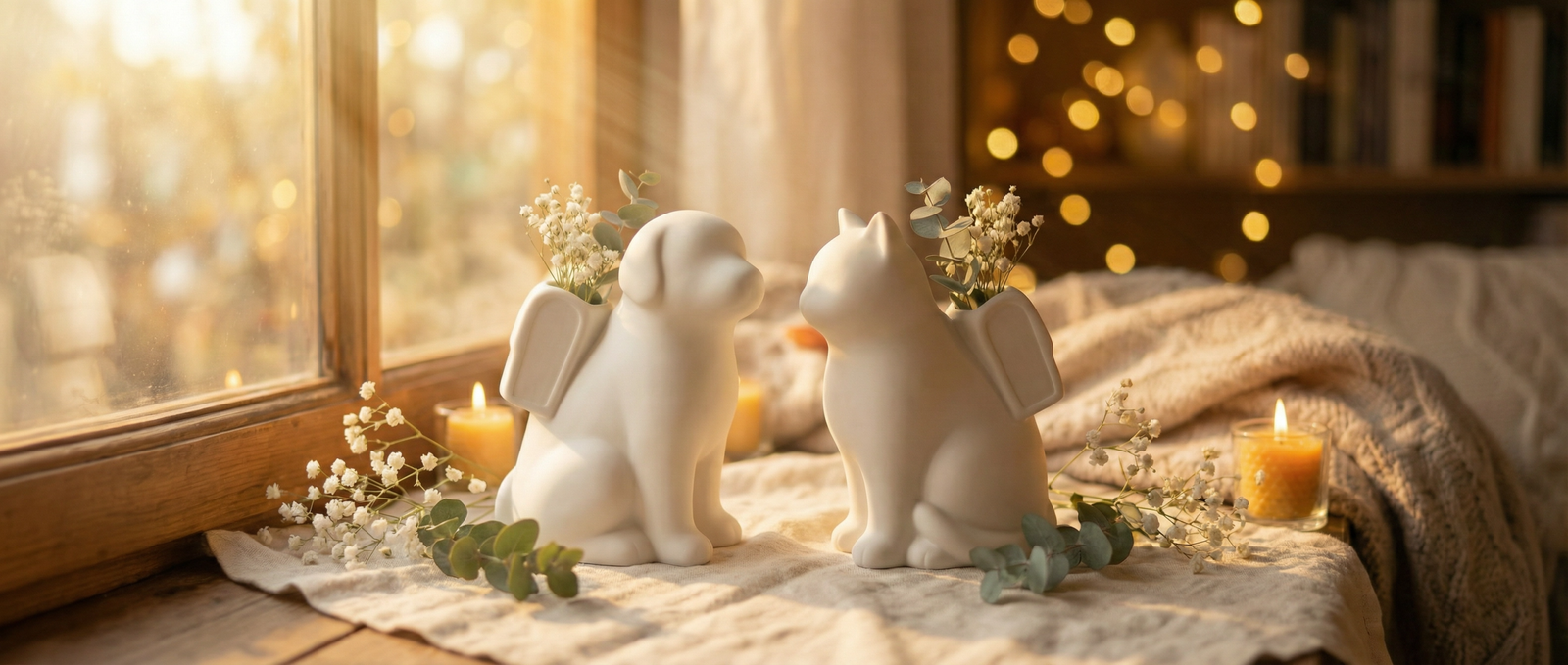 White ceramic dog memorial urn sitting on a warm windowsill surrounded by dried flowers and golden light