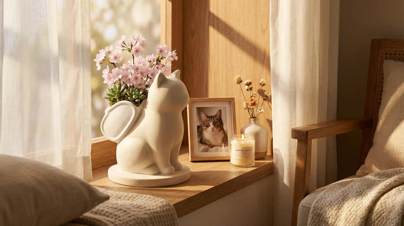 White ceramic dog and cat memorial urns side by side on a warm indoor windowsill with candles and soft bokeh light