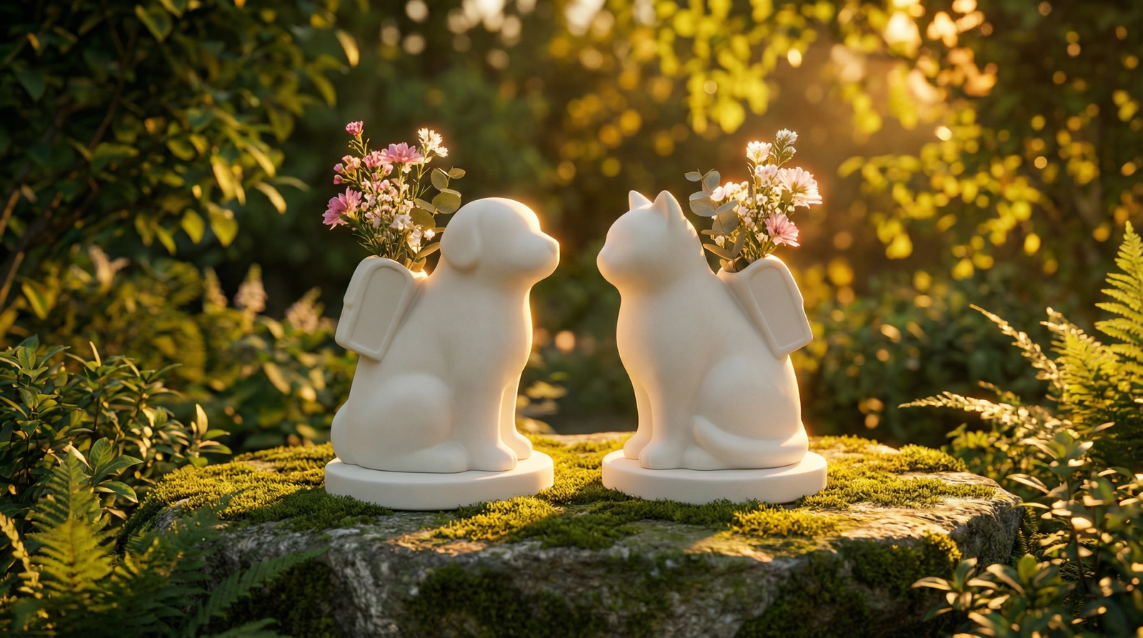 Two white ceramic pet memorial urns with flowers resting on a mossy stone in a sunlit garden