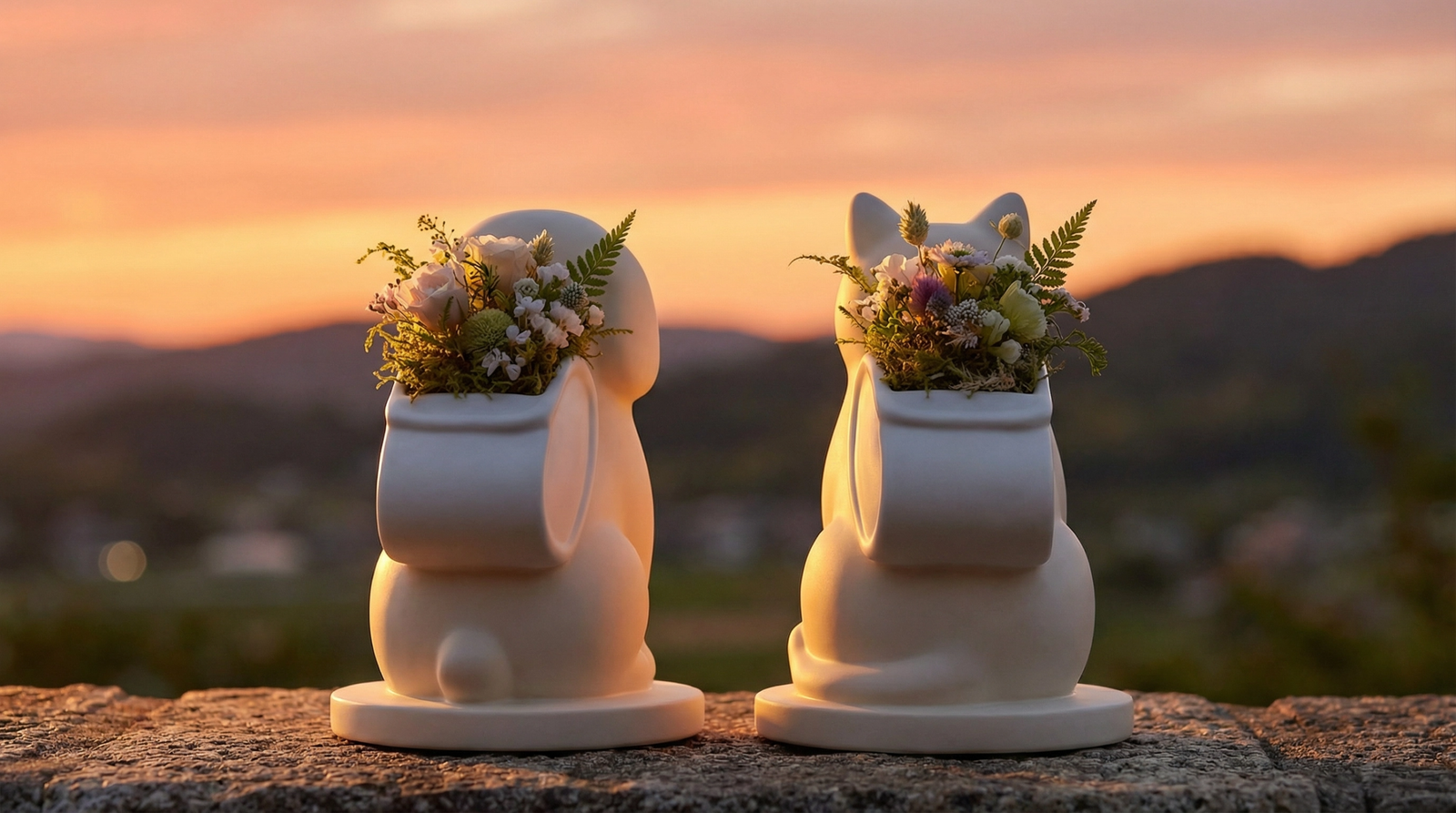 White ceramic pet memorial urns silhouetted against a warm golden sunset over open hills