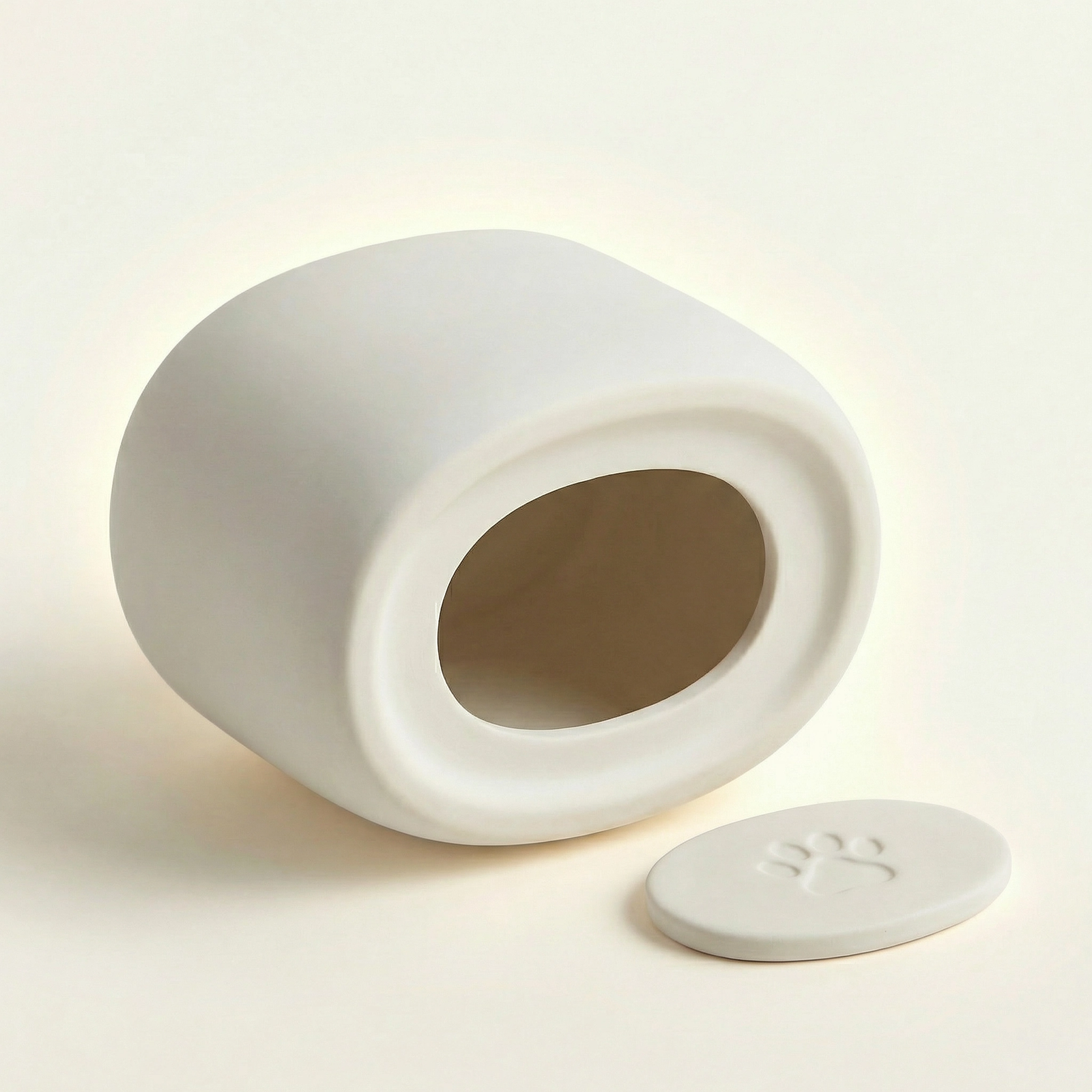 White ceramic urn with the threaded base unscrewed, showing the empty keepsake chamber