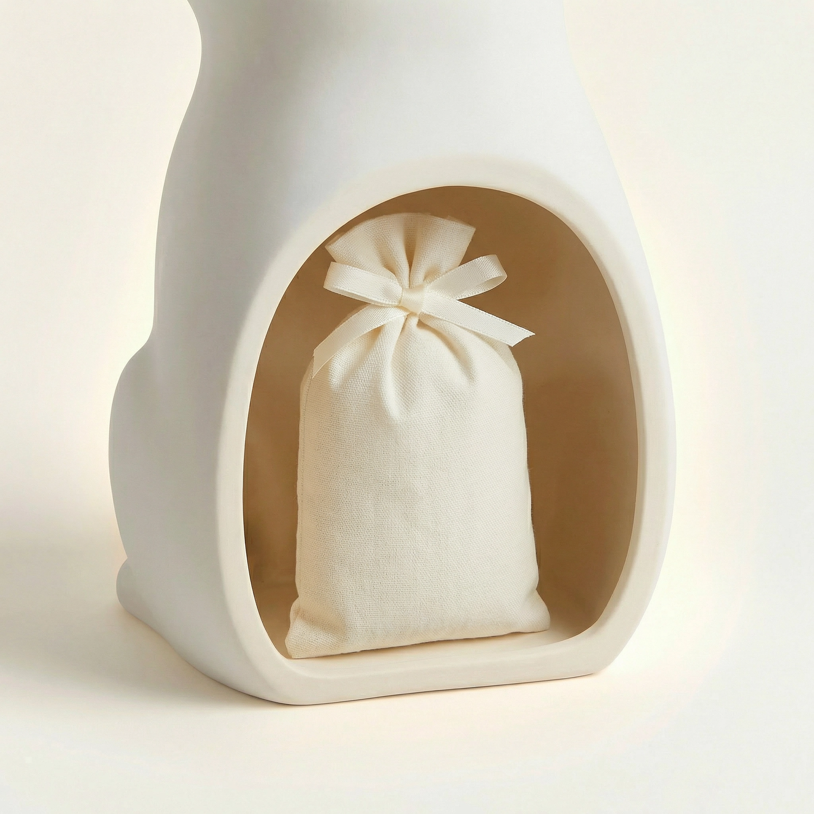 White ceramic urn open with a small white velvet pouch and dried flower placed inside