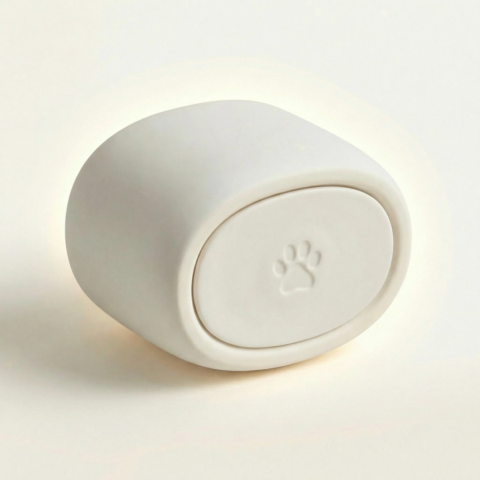 Bottom view of the sealed ceramic urn base, showing a paw-print embossed in the ceramic